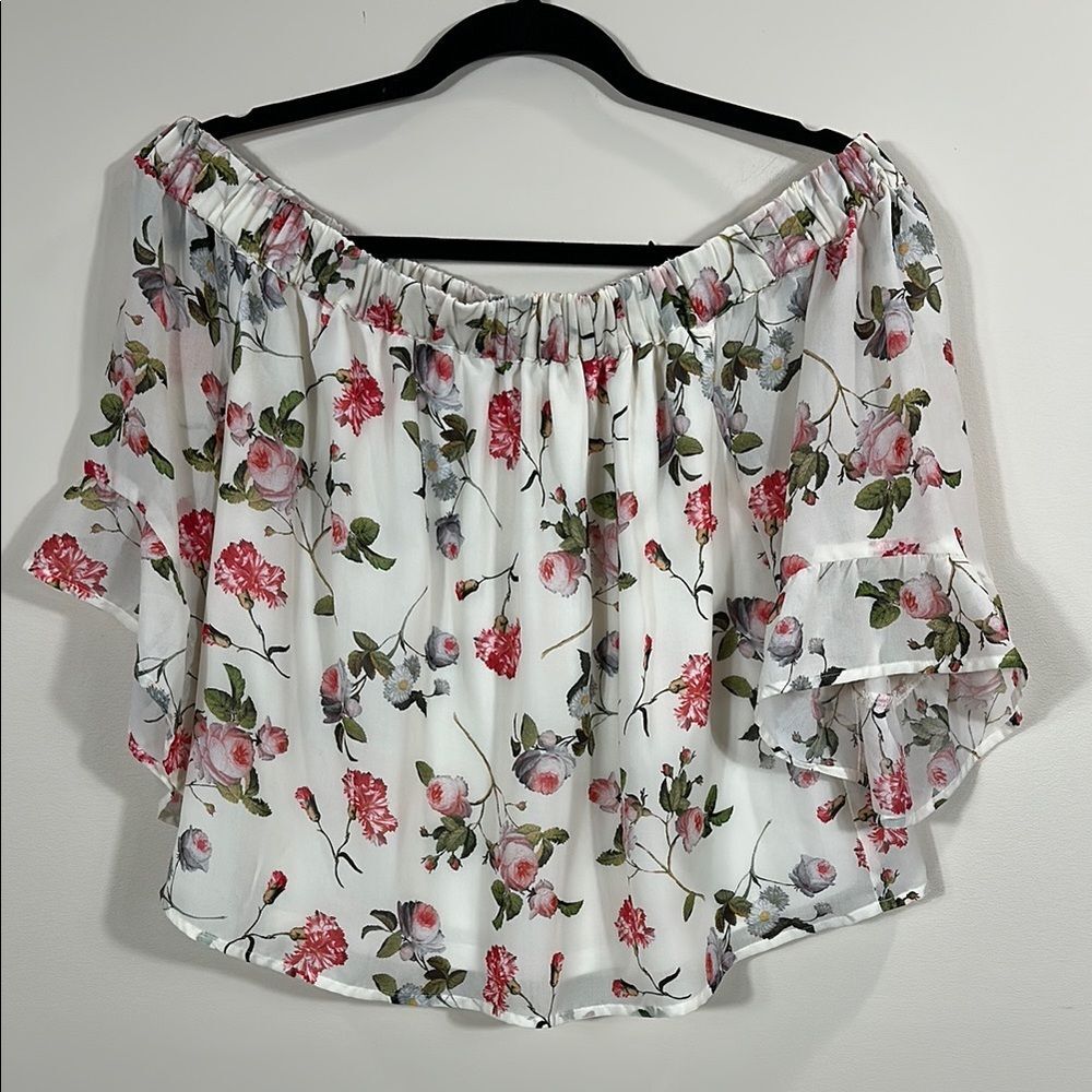 Express Cream Floral Lined Off the Shoulder Garden Summer Beach Top Women Medium